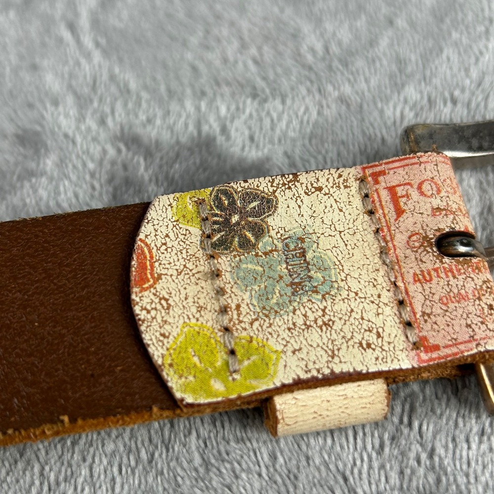 Vintage Fossil Brand Leather Belt Small Distressed Floral Patchwork Brown Multi - Picture 10 of 10